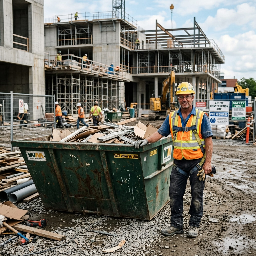 Operário ao lado de uma caçamba de entulho em um canteiro de obras
